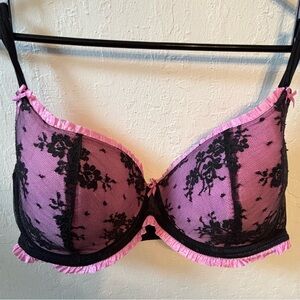 SMART & SEXY Pink&Black Lace PushUp Bra SZ 40D Mesh, Lace, Tiny Pink Ruffle Trim